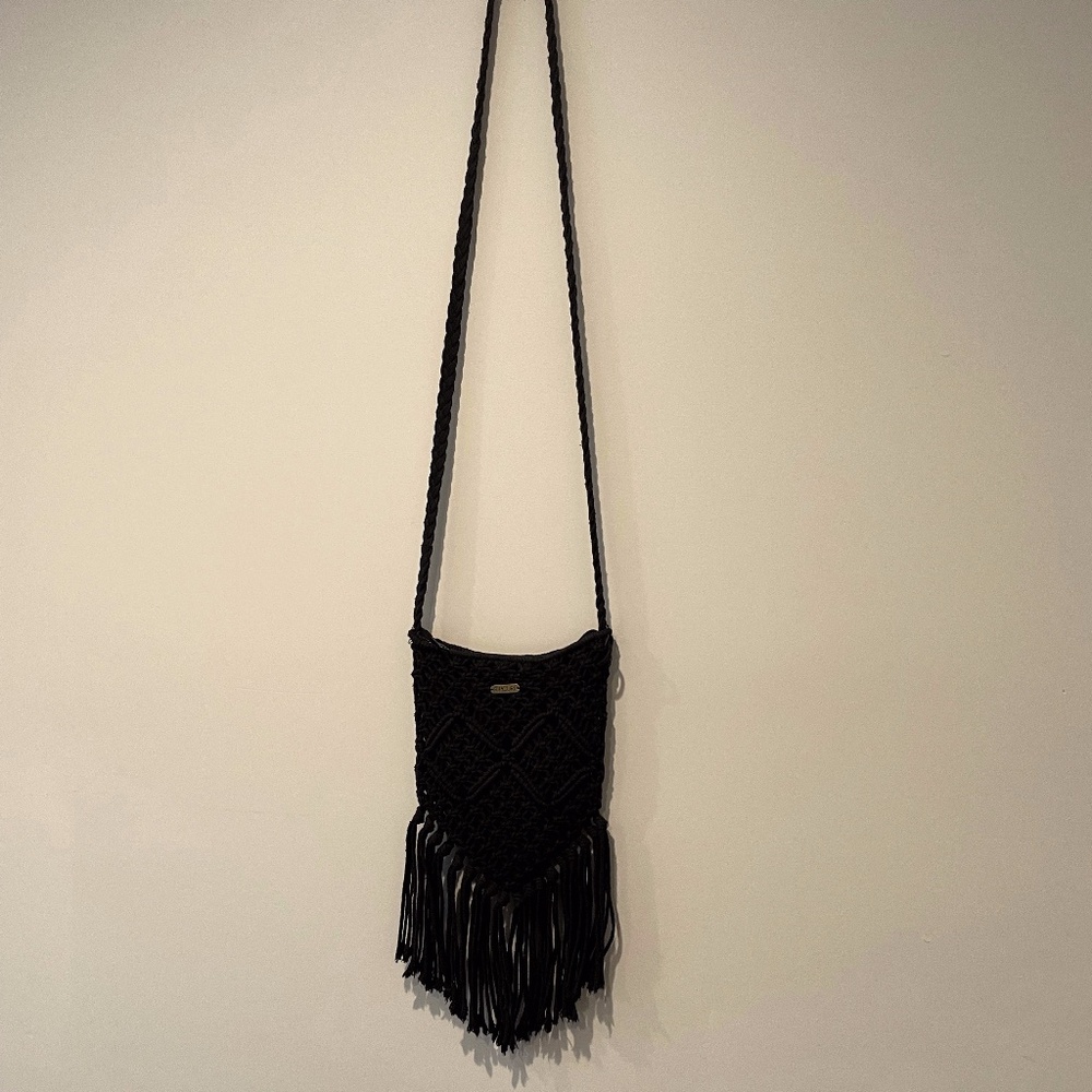 Rip Curl Black Macrame Crossbody Boho festival purse 8"x 10" - Picture 3 of 3
